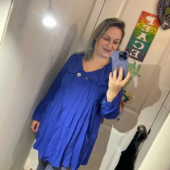 ROYAL BLUE ART SMOCK STYLE TOP WITH POCKETS TEACHER OVERSIZED FLOWY TWO BUTTON - Picture 8 of 9
